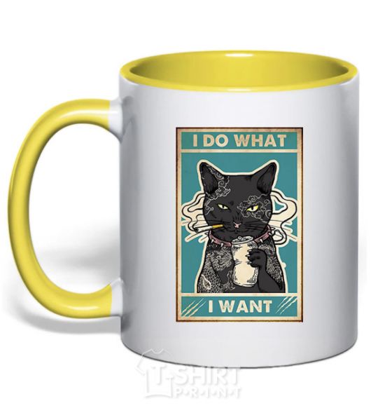 Mug with a colored handle Cat I do what I want yellow фото