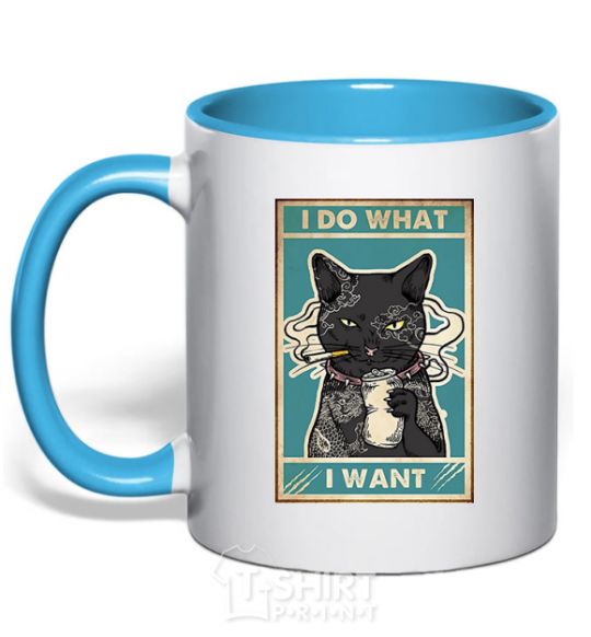 Mug with a colored handle Cat I do what I want sky-blue фото