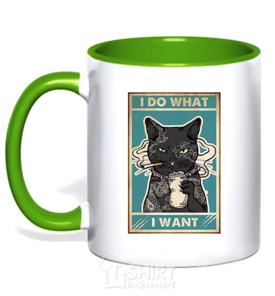 Mug with a colored handle Cat I do what I want kelly-green фото