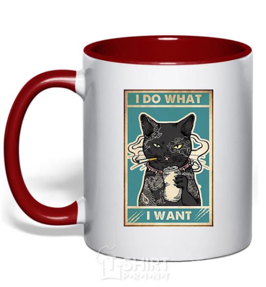 Mug with a colored handle Cat I do what I want red фото