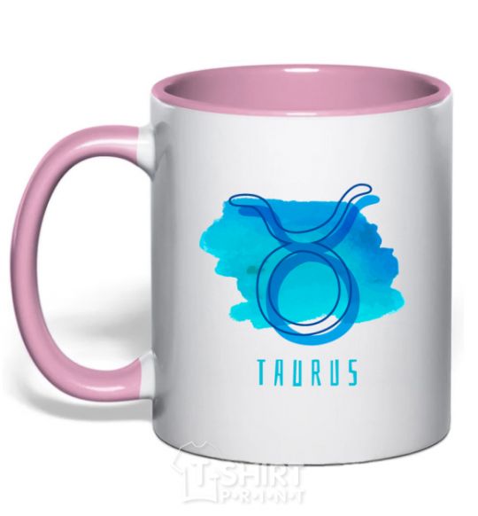 Mug with a colored handle Taurus blue paints light-pink фото