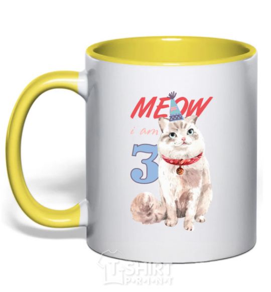 Mug with a colored handle Meow i'm 3 yellow фото