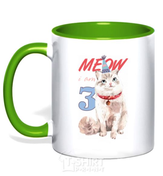 Mug with a colored handle Meow i'm 3 kelly-green фото