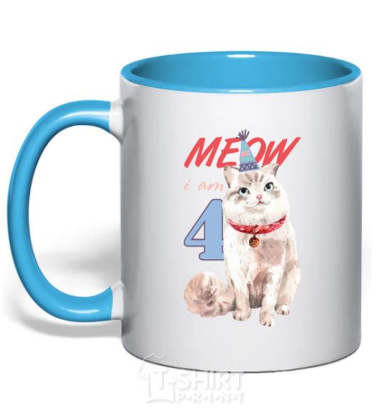 Mug with a colored handle Meow i'm 4 sky-blue фото