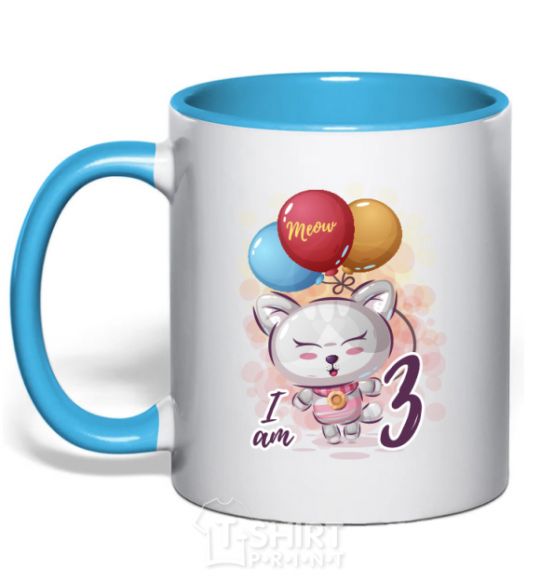 Mug with a colored handle Meow i am 3 sky-blue фото