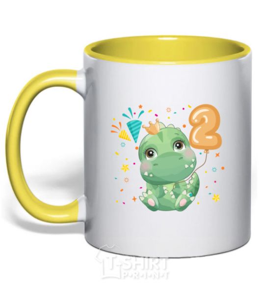 Mug with a colored handle Dino 2 years yellow фото