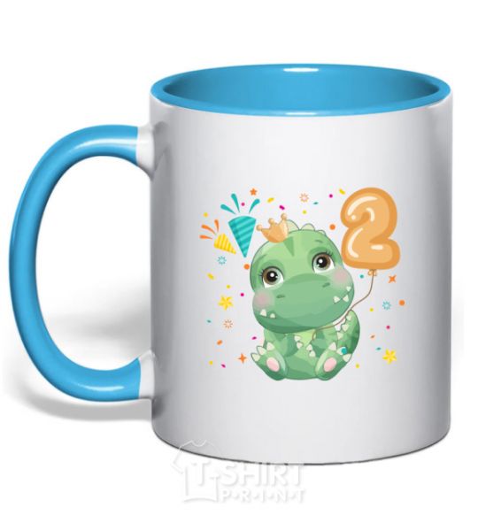 Mug with a colored handle Dino 2 years sky-blue фото