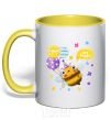 Mug with a colored handle Bee happy yellow фото
