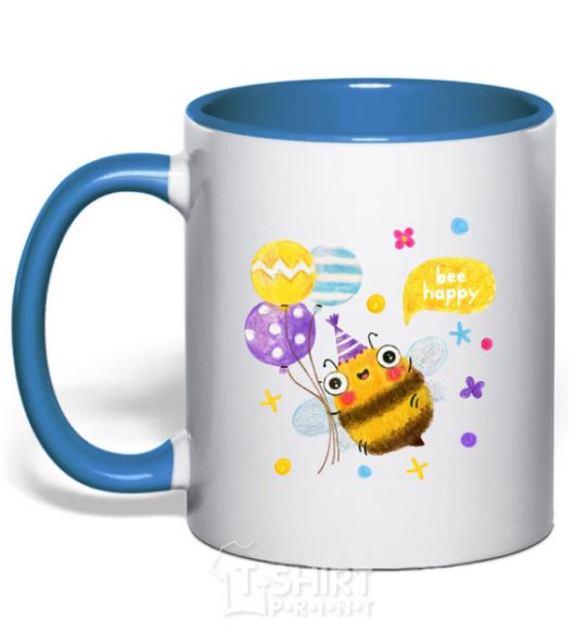 Mug with a colored handle Bee happy royal-blue фото