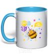 Mug with a colored handle Bee happy sky-blue фото