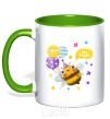 Mug with a colored handle Bee happy kelly-green фото