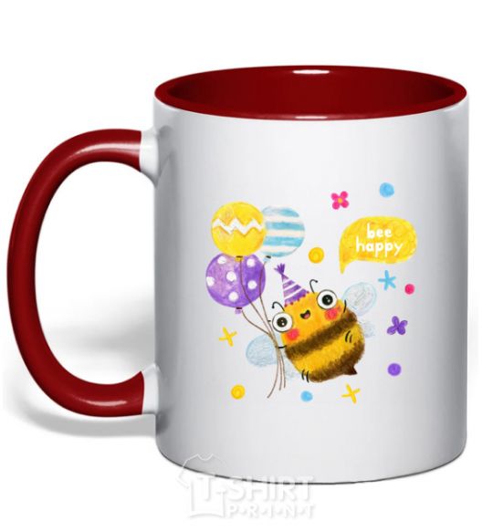 Mug with a colored handle Bee happy red фото
