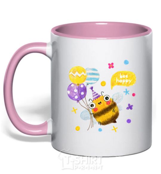 Mug with a colored handle Bee happy light-pink фото