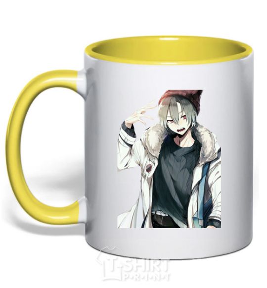 Mug with a colored handle Anime boy yellow фото