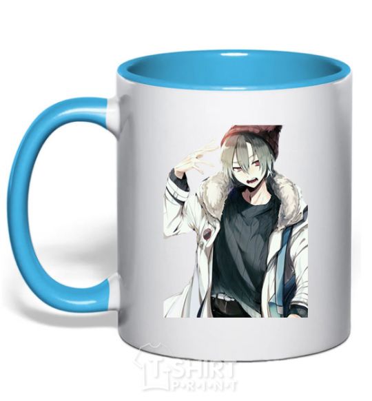 Mug with a colored handle Anime boy sky-blue фото