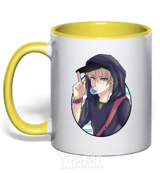 Mug with a colored handle Boy with bubble gum yellow фото