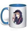 Mug with a colored handle Boy with bubble gum royal-blue фото