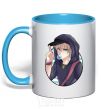 Mug with a colored handle Boy with bubble gum sky-blue фото