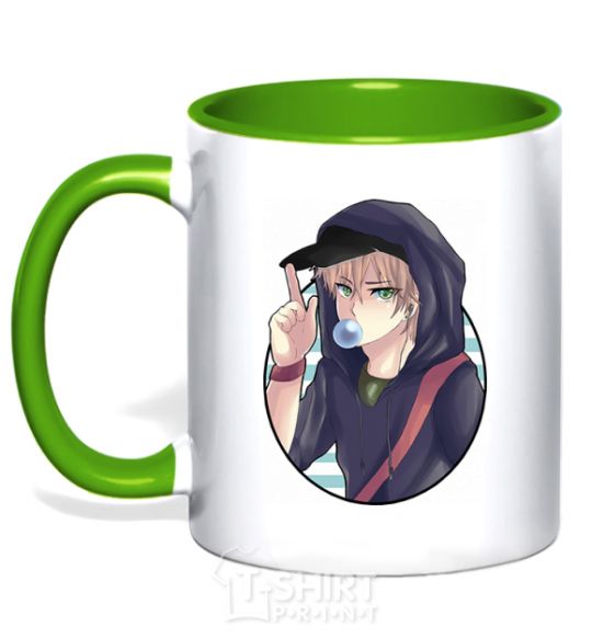 Mug with a colored handle Boy with bubble gum kelly-green фото