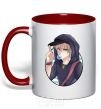Mug with a colored handle Boy with bubble gum red фото