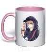 Mug with a colored handle Boy with bubble gum light-pink фото