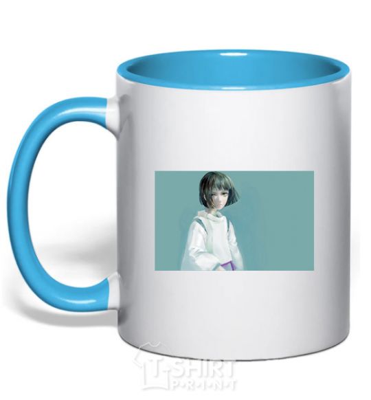 Mug with a colored handle Spirited away anime characters sky-blue фото