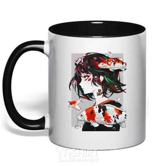 Mug with a colored handle Anime fish and girl black фото