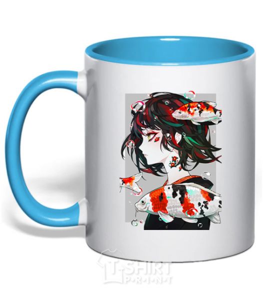 Mug with a colored handle Anime fish and girl sky-blue фото
