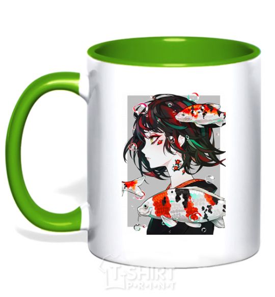 Mug with a colored handle Anime fish and girl kelly-green фото