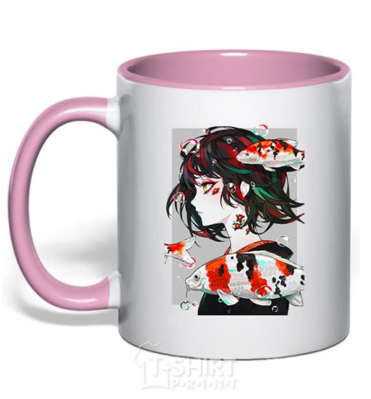 Mug with a colored handle Anime fish and girl light-pink фото