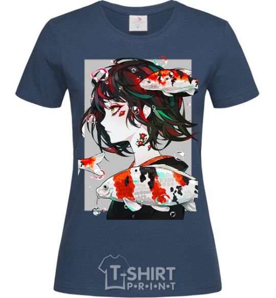 Women's T-shirt Anime fish and girl navy-blue фото