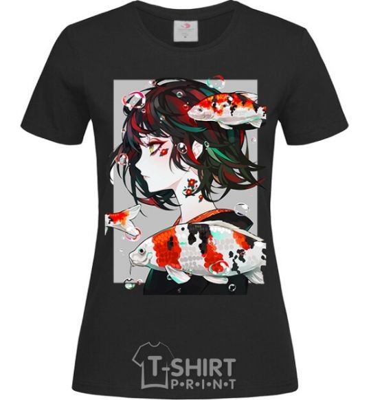 Women's T-shirt Anime fish and girl black фото