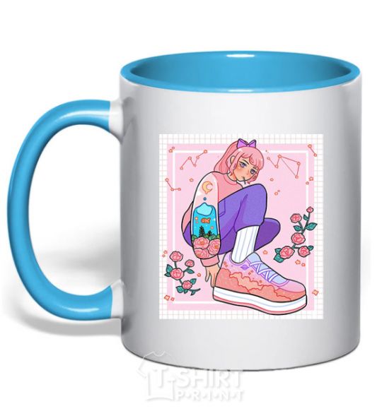 Mug with a colored handle Anime girl art sky-blue фото