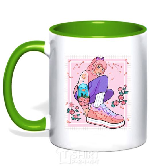 Mug with a colored handle Anime girl art kelly-green фото