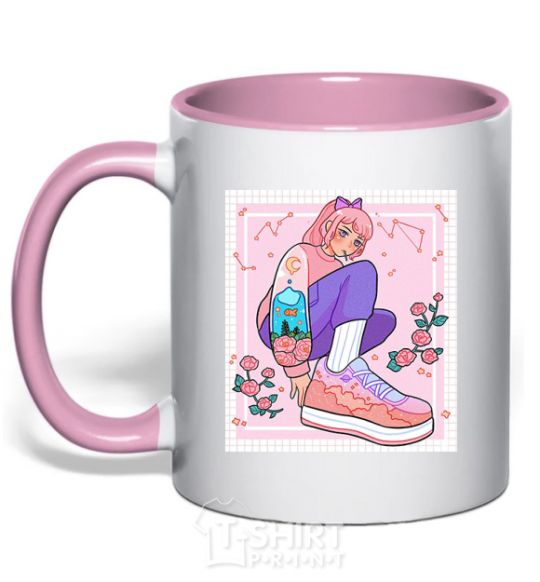 Mug with a colored handle Anime girl art light-pink фото