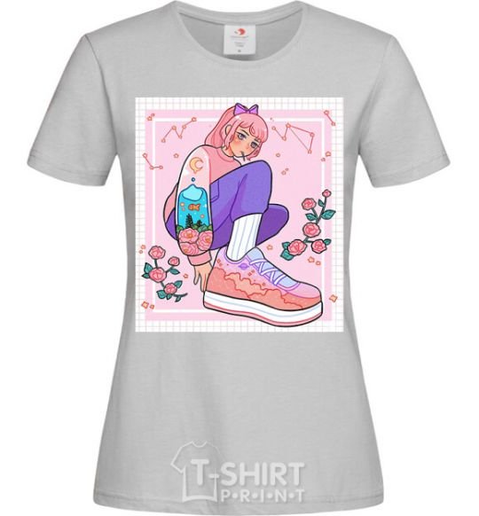 Women's T-shirt Anime girl art grey фото