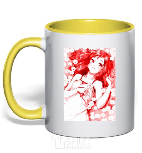 Mug with a colored handle Girl anime art red yellow фото