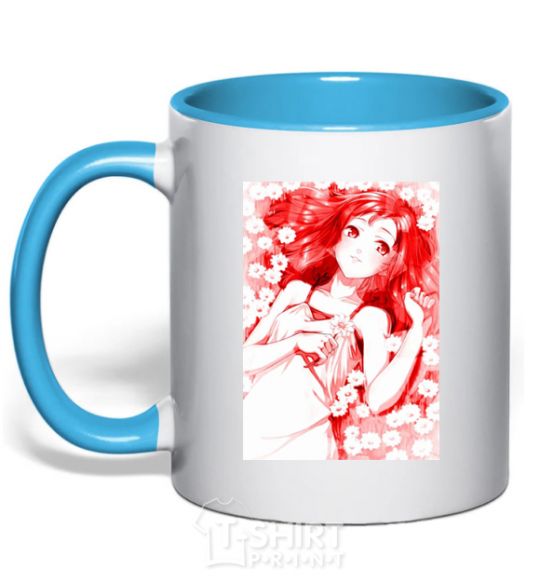 Mug with a colored handle Girl anime art red sky-blue фото
