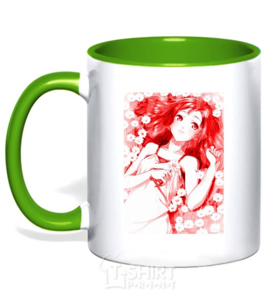 Mug with a colored handle Girl anime art red kelly-green фото