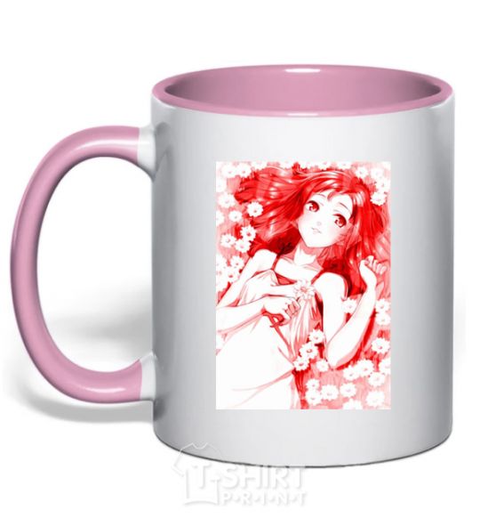Mug with a colored handle Girl anime art red light-pink фото