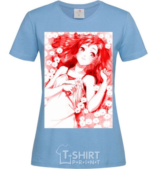 Women's T-shirt Girl anime art red sky-blue фото