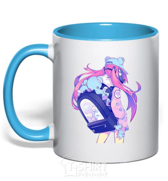 Mug with a colored handle Girl's anime back sky-blue фото