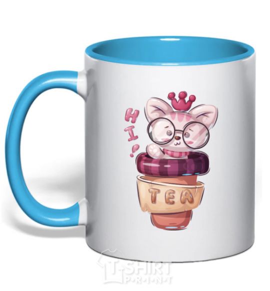 Mug with a colored handle Hi tea sky-blue фото