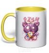 Mug with a colored handle Fish and kitten yellow фото