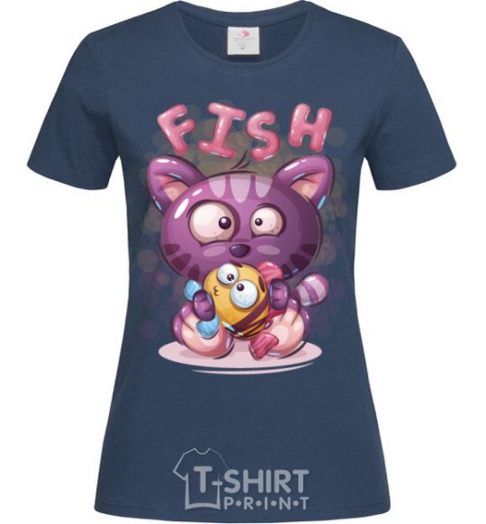 Women's T-shirt Fish and kitten navy-blue фото