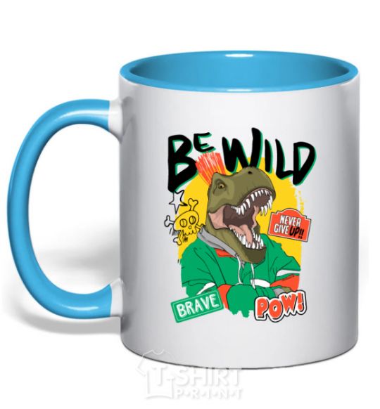 Mug with a colored handle Be wild sky-blue фото