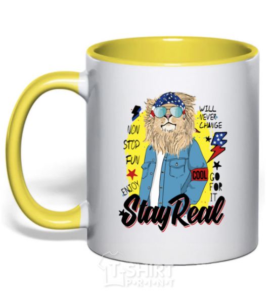 Mug with a colored handle Lion Stay real yellow фото