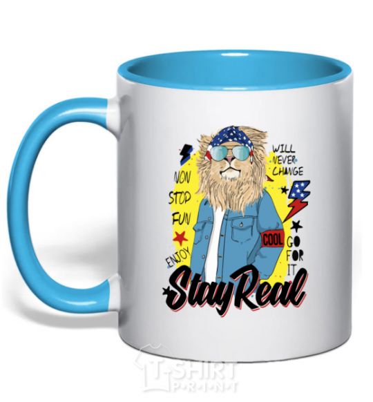 Mug with a colored handle Lion Stay real sky-blue фото