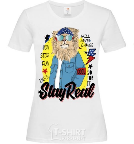 Women's T-shirt Lion Stay real White фото