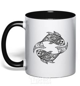 Mug with a colored handle Fish pattern black фото